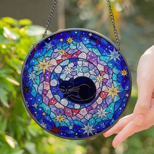 Black Cat Crescent Moon Tiffany Style Stained Glass Celestial Night Sky Decor Gift Stained Glass Suncatcher