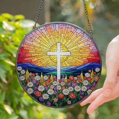 Stained Glass Christian Cross Wildflowers Sunrise - Tiffany Style Spiritual Home Decor Stained Glass Suncatcher