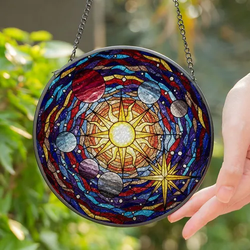 Radiant Sun Cosmic Nebula Stained Glass Tiffany Style - Planets Stars Deep Space Art Stained Glass Suncatcher