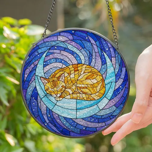 Ginger Cat Napping Crescent Moon Starry Night Sky Glowing Tiffany Style - Cat Lover Stained Glass Suncatcher