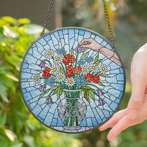 Tiffany Style Stained Glass Floral Bouquet Vase Art - Hand Adjusting Blossom Jewel Tones Stained Glass Suncatcher