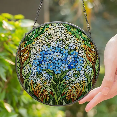 Tiffany Floral Blue White Flower Mosaic Stained Glass Art Dappled Foliage Jewel Tone Stained Glass Suncatcher