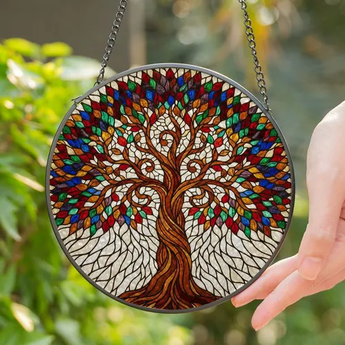 Tree of Life Stained Glass - Tiffany Style Jewel Tone Intricate Mosaic Gnarled Trunk & Canopy Stained Glass Suncatcher
