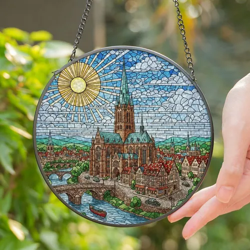 Majestic Gothic Cathedral Riverside Town Stained Glass Art European Houses Mosaic Sky Stained Glass Suncatcher