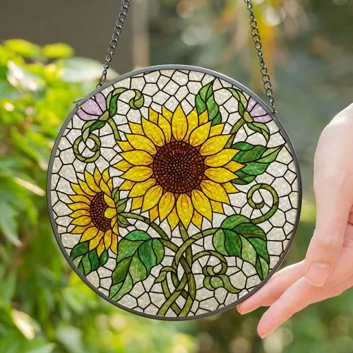 Large Yellow Sunflower Tiffany Stained Glass Floral Mosaic Purple Pink Flower Buds Green Leaves Stained Glass Suncatcher