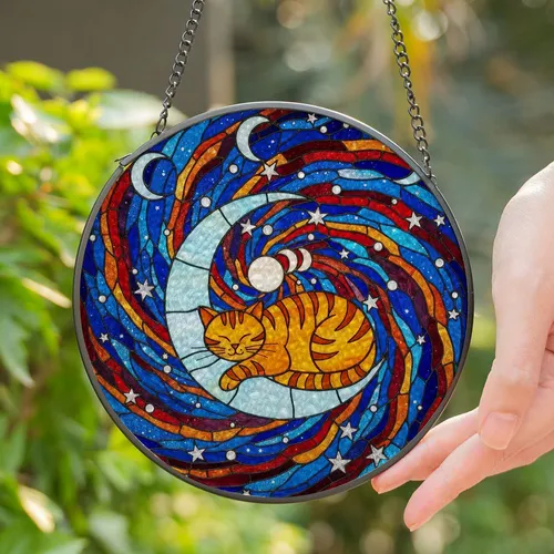 Orange Cat Moon Stained Glass - Cosmic Nebula Tiffany Style Celestial Home Decor Stained Glass Suncatcher