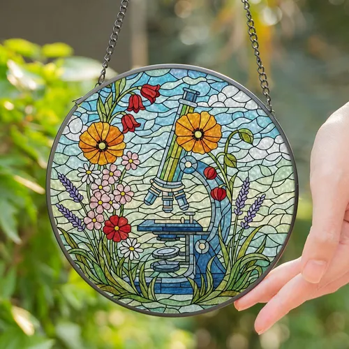 Tiffany Stained Glass Microscope Wildflowers - Poppies Lavender Mosaic Jewel Tones Stained Glass Suncatcher