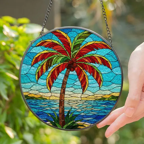 Majestic Tropical Palm Tree Tiffany Style Stained Glass Ocean Beach Island Mosaic Stained Glass Suncatcher