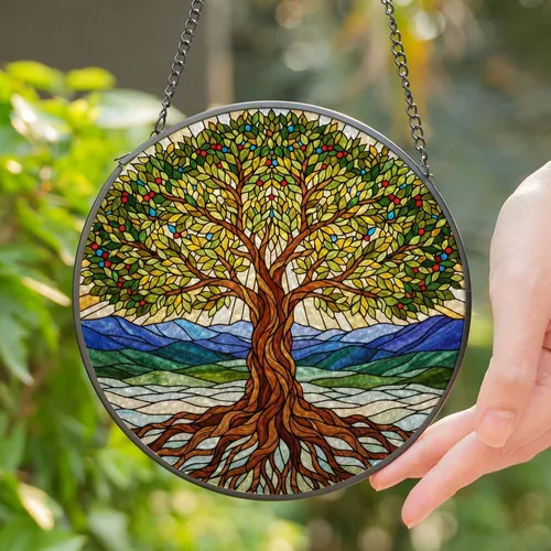 Tree of Life Intricate Stained Glass Landscape - Gnarled Roots & Colorful Leaves Stained Glass Suncatcher