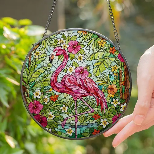 Flamingo Tropical Flowers Tiffany Stained Glass - Detailed Jungle Garden Home Decor Stained Glass Suncatcher