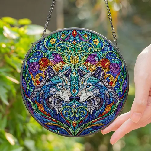 Two Wolves Noses Touching Stained Glass Mosaic - Tiffany Style Aurora Floral Geometric Art Stained Glass Suncatcher