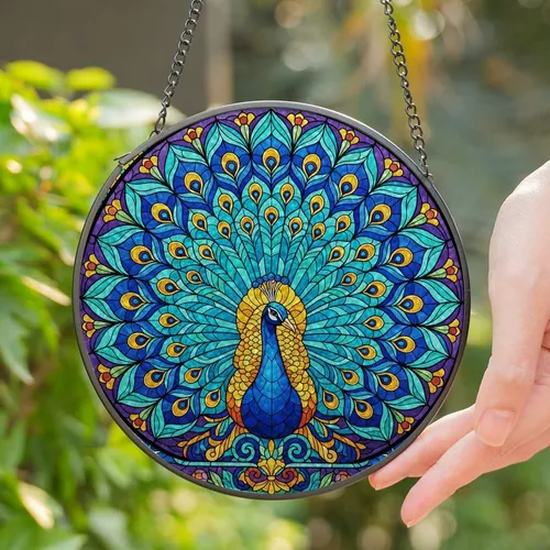 Majestic Peacock Symmetrical Fanned Tail Stained Glass Mosaic Foliage Eye Patterns Lead Lines Stained Glass Suncatcher