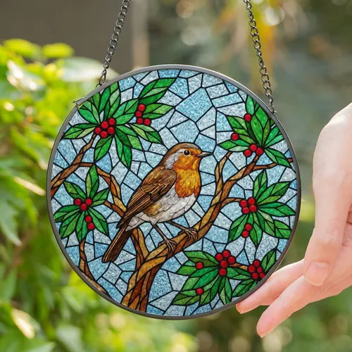 Robin Bird Stained Glass Art - Tiffany Style Mosaic with Red Berries, Green Leaves Stained Glass Suncatcher