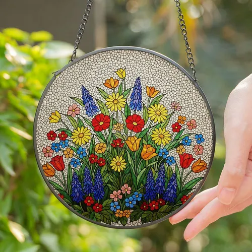 Tiffany Stained Glass Garden Flowers - Assorted Blooming Florals with Cracked Glass Mosaic Stained Glass Suncatcher
