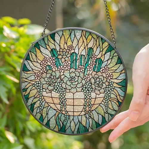 Stained Glass Succulent Planter with Echeveria & Cacti - Tiffany Style Dappled Sunlight Stained Glass Suncatcher