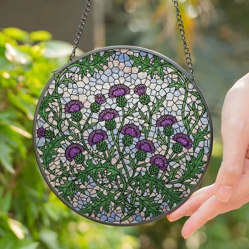 Vibrant Thistle Flowers Tiffany Stained Glass Mosaic - Glowing Purple Green Art Decor Stained Glass Suncatcher