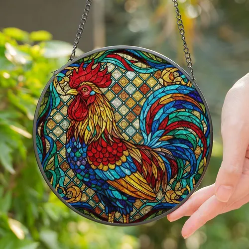 Majestic Rooster Stained Glass Tiffany Style Jewel Tone - Detailed Edge-to-Edge Mosaic Decor Stained Glass Suncatcher