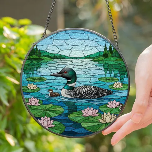 Loon Family Stained Glass Lake View with Water Lilies & Green Island Trees Stained Glass Suncatcher