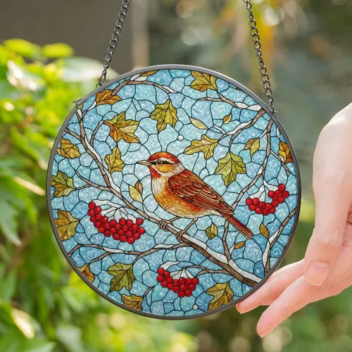 Intricate Stained Glass Bird Red Berries Snow Branch Winter Sky Mosaic Tiffany Style Stained Glass Suncatcher