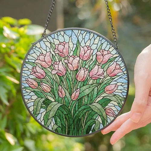 Vibrant Pink Peach Tulips Stained Glass Mosaic Art - Highly Detailed Tiffany Jewel Tones Stained Glass Suncatcher