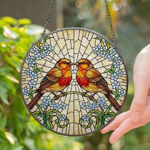 Detailed Songbirds Robins Affectionate Pose Tiffany Style Forget-Me-Not Flowers Luminous Mosaic Stained Glass Suncatcher