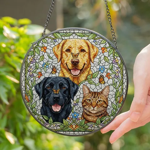 Golden Black Lab Tabby Cat Stained Glass Pet Lover Gift - Floral Butterfly Tiffany Decor Stained Glass Suncatcher