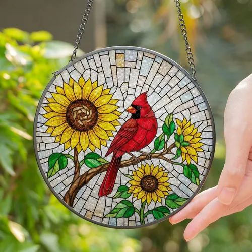 Red Cardinal Sunflower Stained Glass - Tiffany Style Mosaic Window Panel Art Home Decor Gift Stained Glass Suncatcher