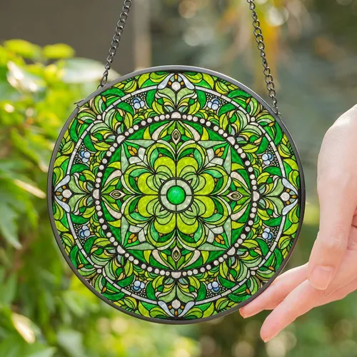 Tiffany Green Stained Glass Jewel Tone Four-Leaf Clover Mandala Leaf Mosaic Art Stained Glass Suncatcher