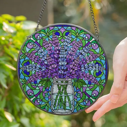 Lupine Flowers Bouquet Mason Jar Tiffany Glass Style - Detailed Jewel Tone Mosaic Art Stained Glass Suncatcher