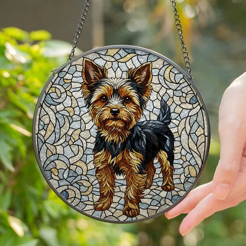 Yorkshire Terrier Dog Stained Glass Mosaic - Tiffany Style Jewel Tones Gift for Dog Owners Stained Glass Suncatcher