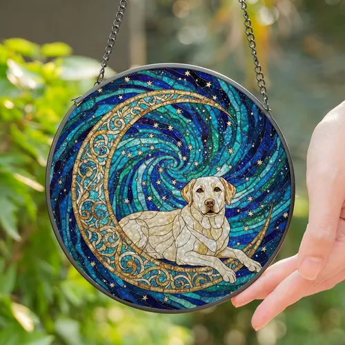 Cream Labrador Retriever Dog Stained Glass Art, Crescent Moon Celestial Galaxy Decor Stained Glass Suncatcher