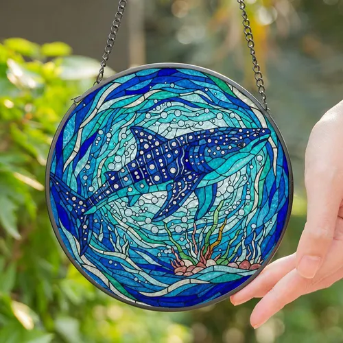 Majestic Whale Shark Tiffany Glass Mosaic - Translucent Jewel Tone Ocean Current Art Stained Glass Suncatcher