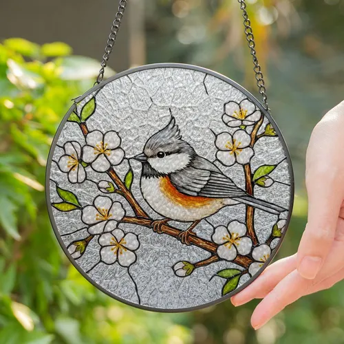 Plump Titmouse Bird Cherry Blossom Stained Glass Mosaic Window Art Tiffany Style Decor Stained Glass Suncatcher