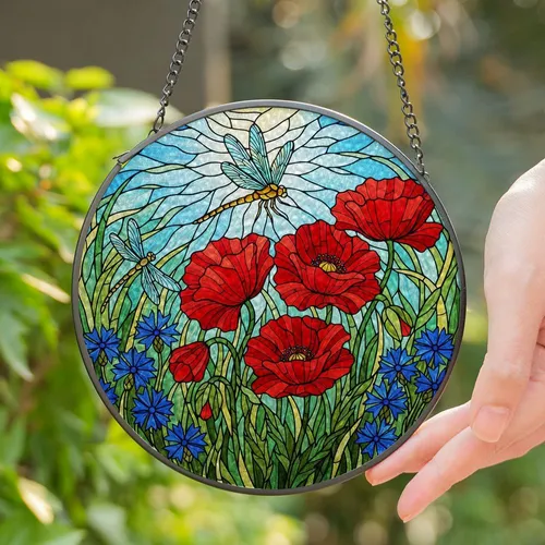 Red Poppy Dragonfly Stained Glass Tiffany Style Blue Cornflower Mosaic Field Art Stained Glass Suncatcher