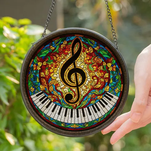 Treble Clef Piano Keyboard Stained Glass Art - Tiffany Style Music Mosaic Intricate Patterns Stained Glass Suncatcher