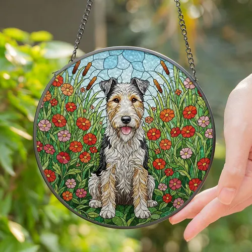 Wire-Haired Fox Terrier Stained Glass Wildflowers Meadow Art - Tiffany Style Dog Lover Stained Glass Suncatcher