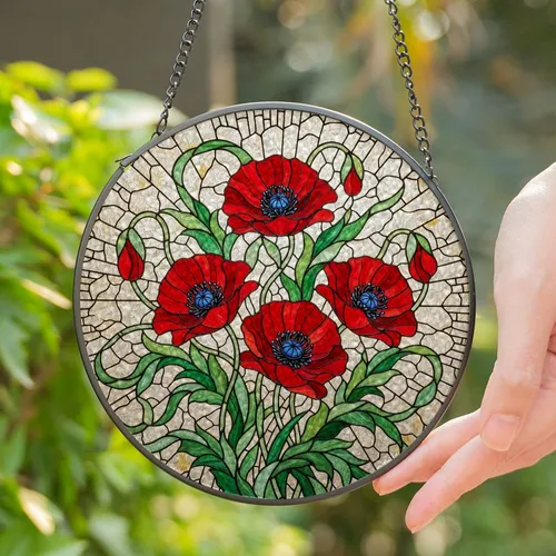 Highly Detailed Red Poppy Flowers Stained Glass Mosaic - Tiffany Style Intricate Jewel Tones Stained Glass Suncatcher