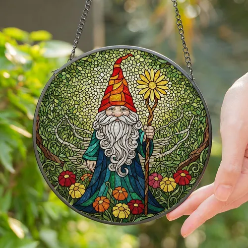 Red Hat Gnome Long Beard Forest Flowers Stained Glass - Tiffany Mosaic Jewel Tone Art Stained Glass Suncatcher