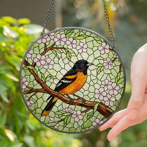 Baltimore Oriole Stained Glass Bird - Intricate Cherry Blossom Tiffany Style Mosaic Art Stained Glass Suncatcher