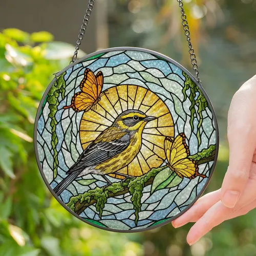 Tiffany Stained Glass Yellow Warbler Butterflies Sunburst - Jewel Tone Mosaic Art Stained Glass Suncatcher