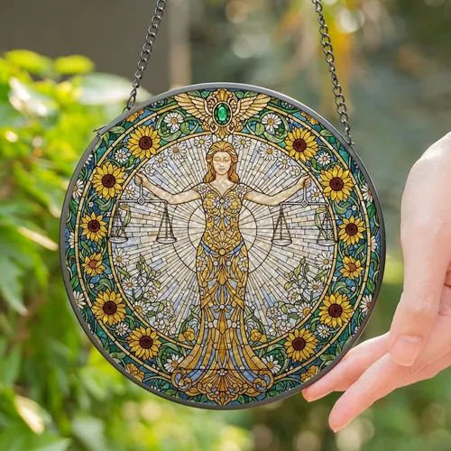 Lady Justice Libra Balancing Scales Intricate Floral Mosaic Winged Emblem Tiffany Glass Art Stained Glass Suncatcher