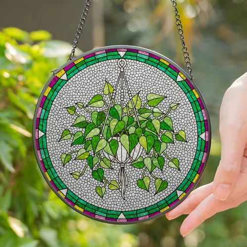 Potted Philodendron Plant Stained Glass Mosaic Heart Leaves - Tiffany Style Jewel Tones Art Stained Glass Suncatcher