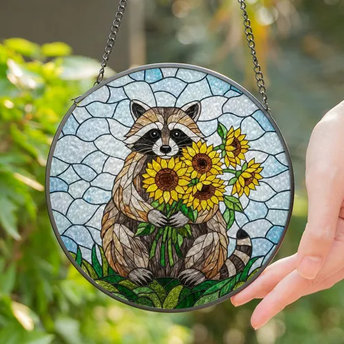 Detailed Stained Glass Raccoon Sunflowers Mosaic Art - Glowing Tiffany Style Wildlife Nature Decor Stained Glass Suncatcher