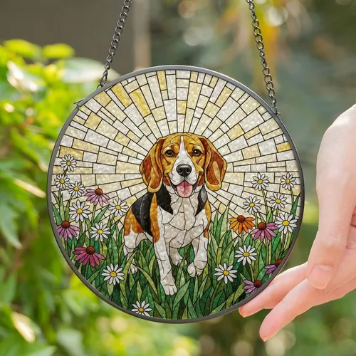 Tricolor Beagle Dog Stained Glass Wildflower Mosaic - Tiffany Style Dog Lover Gift Stained Glass Suncatcher