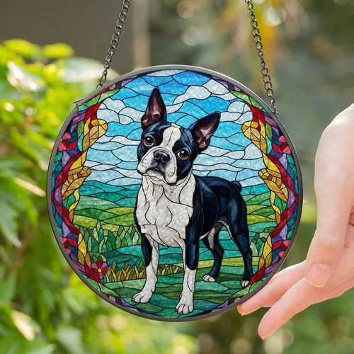 Boston Terrier Dog Stained Glass Mosaic - Detailed Tiffany Jewel Tones Landscape Art Stained Glass Suncatcher