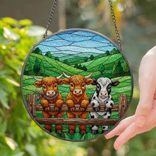 Baby Calves Peeking Stained Glass Art - Highland Calf & Rustic Fence Tiffany Hills Stained Glass Suncatcher