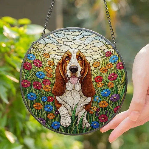Basset Hound Dog Stained Glass Meadow Wildflowers - Pet Lover Home Decor Gift Stained Glass Suncatcher