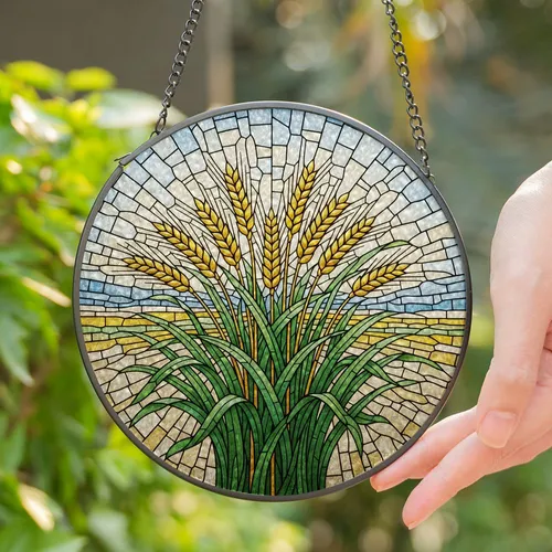 Ripe Wheat Stalks Golden Grain Field Mosaic - Translucent Tiffany Glass Harvest Decor Stained Glass Suncatcher