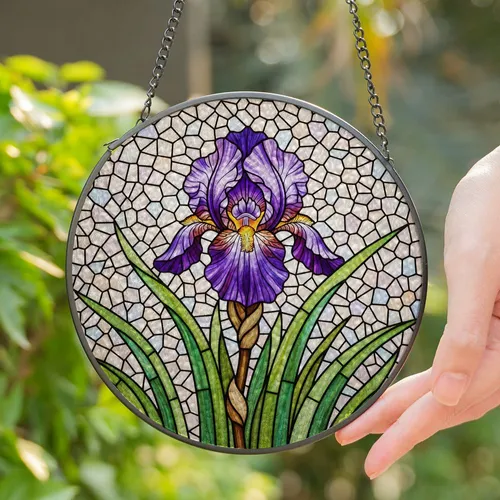 Purple Iris Stained Glass Flower - Colorful Intricate Mosaic Botanical Art Design Stained Glass Suncatcher