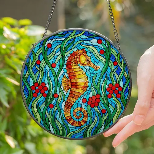 Majestic Seahorse Stained Glass Tiffany Style Aquatic Ocean Jewel Tone Mosaic Design Stained Glass Suncatcher
